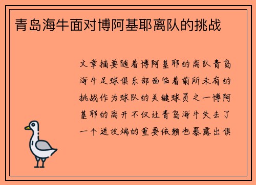 青岛海牛面对博阿基耶离队的挑战